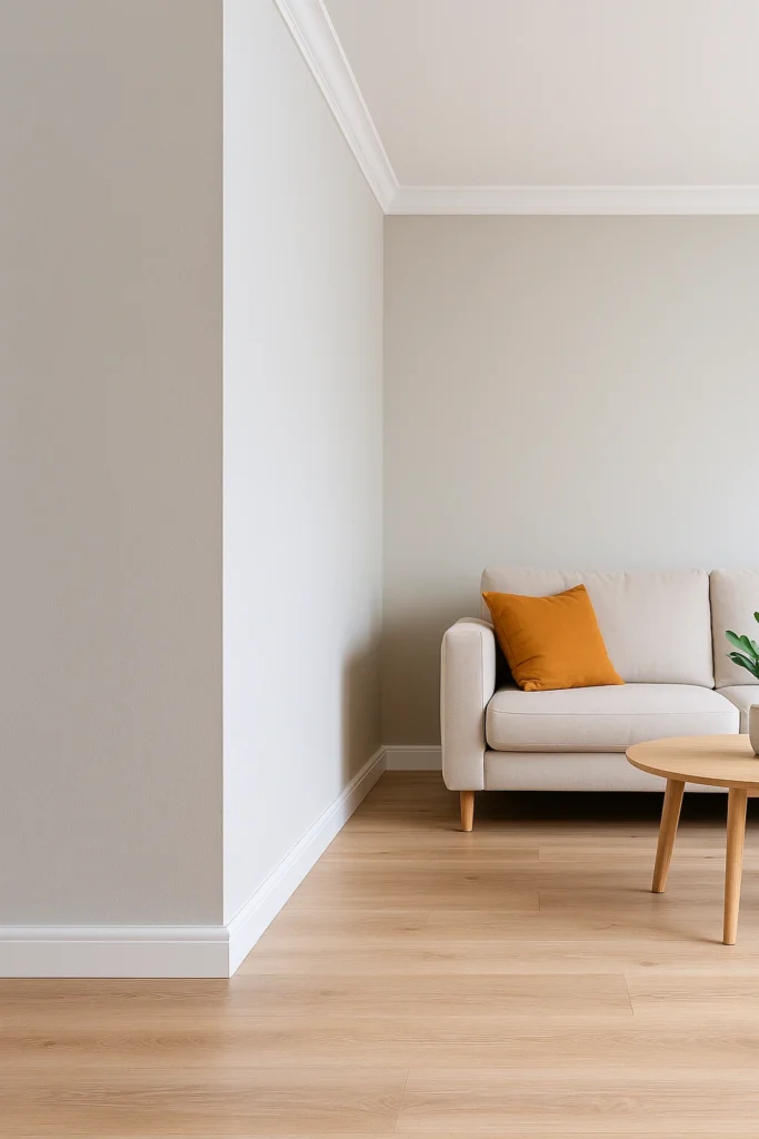 Strak afgewerkte woonkamerhoek met lichte houten vloer, witte plint en kroonlijst.