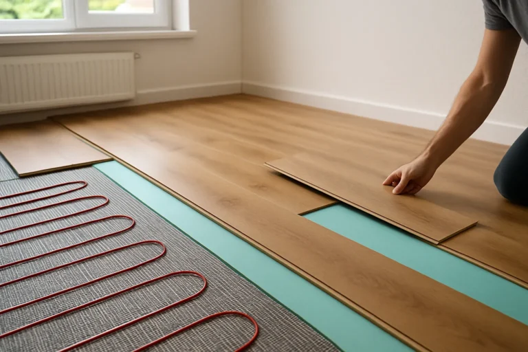 Afbeelding met witte tekst op donkergroene achtergrond over laminaat op vloerverwarming, met tips over R-waarde, ondervloer en installatie.
