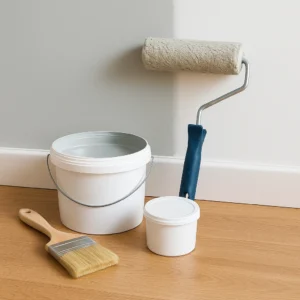 Schilderbenodigdheden bestaande uit een roller, verfemmer en kwast naast een deels geverfde muur.