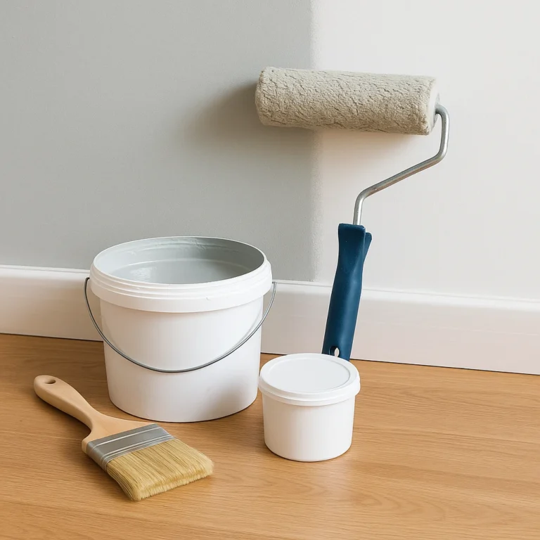Schilderbenodigdheden bestaande uit een roller, verfemmer en kwast naast een deels geverfde muur.
