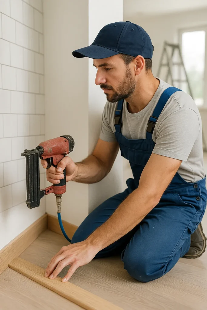 Klusjesman in werkpak plaatst houten plint met een tacker in een moderne woning