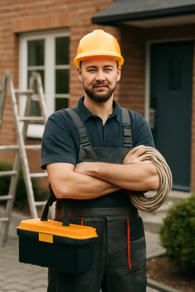 Een professionele bouwvakker met een geel veiligheidshelm en gereedschap, staand voor een huis met rode bakstenen, symboliseert vakmanschap en betrouwbaarheid in de bouwsector.
