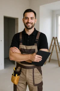 Vriendelijke vakman met gereedschapsgordel en clipboard in een lichte woning in renovatie
