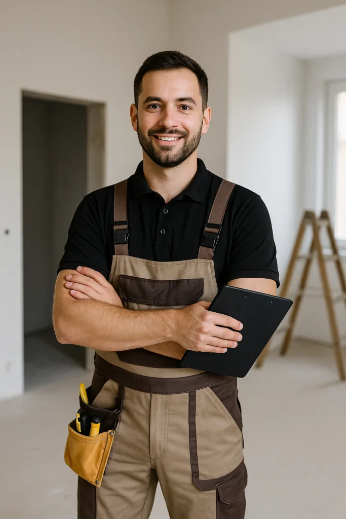 Vriendelijke vakman met gereedschapsgordel en clipboard in een lichte woning in renovatie