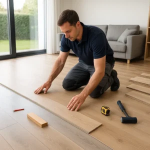 Vloerexpert legt licht eiken laminaat in moderne woonkamer.
