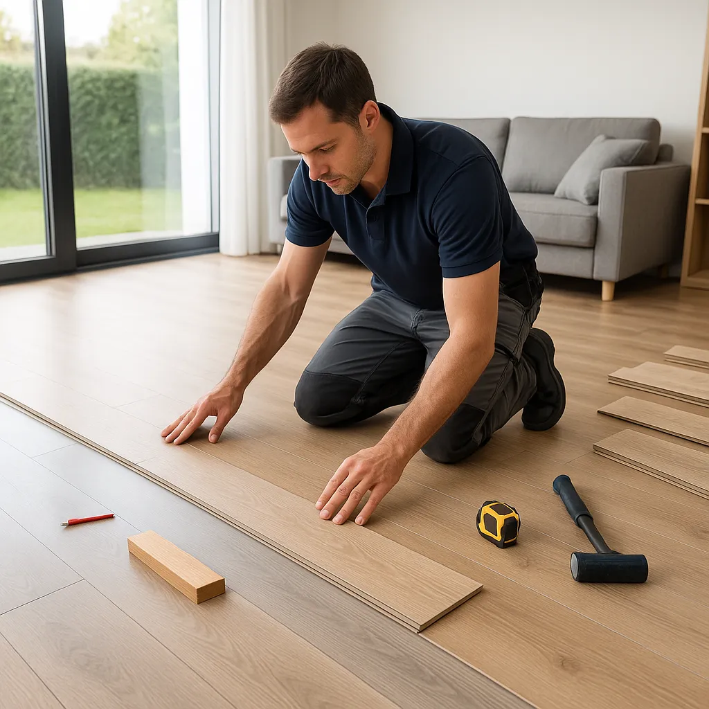 Vloerexpert legt licht eiken laminaat in moderne woonkamer.