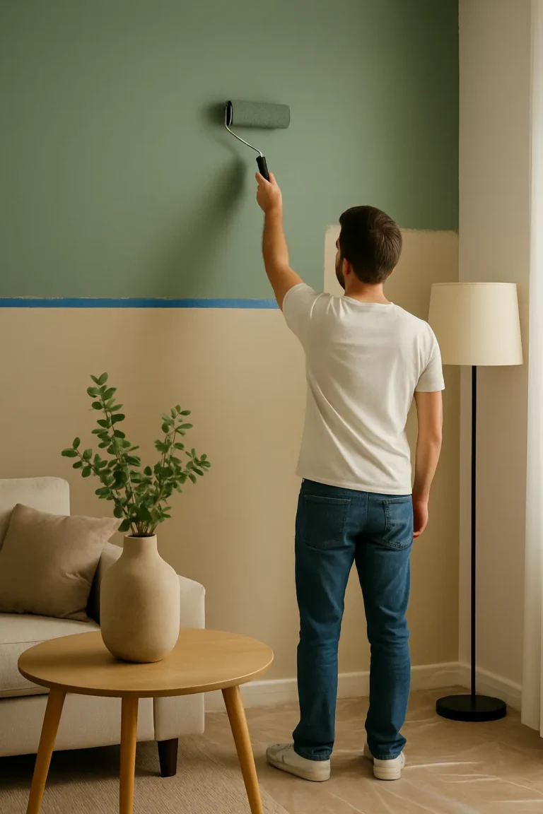 Man schildert woonkamerwand in two-tone stijl met zachte groene en beige tinten