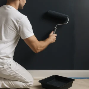 Een schilder brengt met een roller donkerblauwe verf aan op een muur