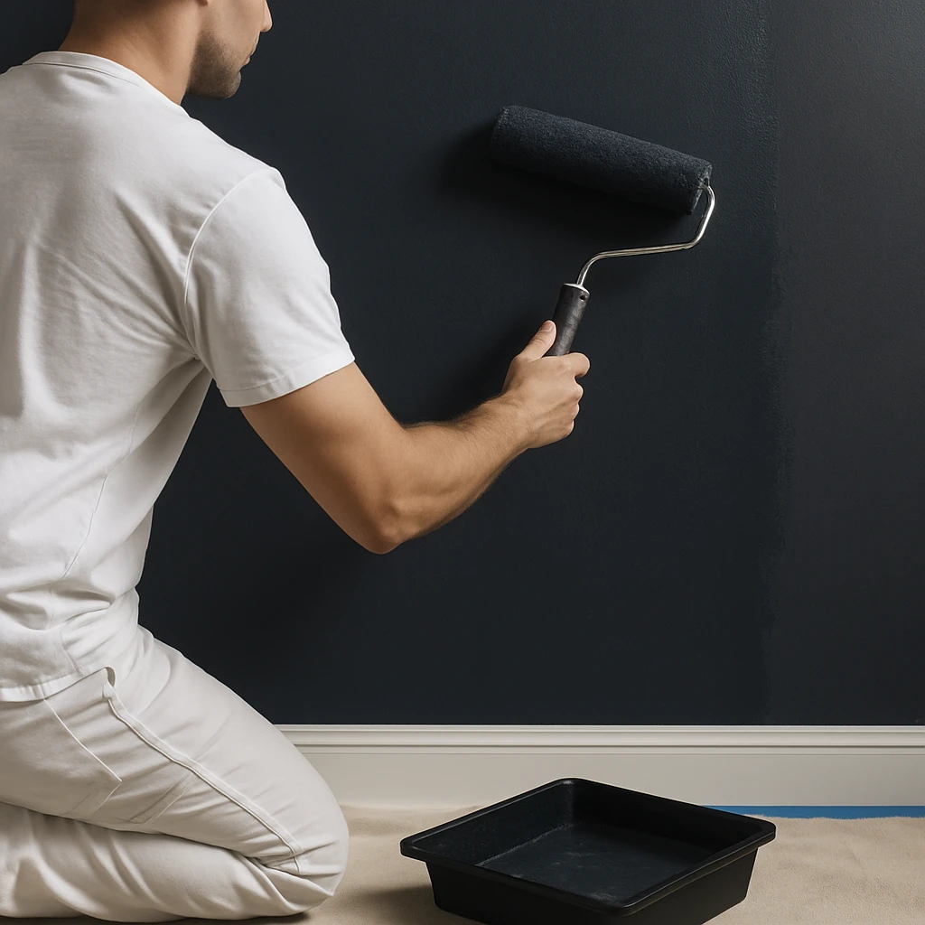 Een schilder brengt met een roller donkerblauwe verf aan op een muur
