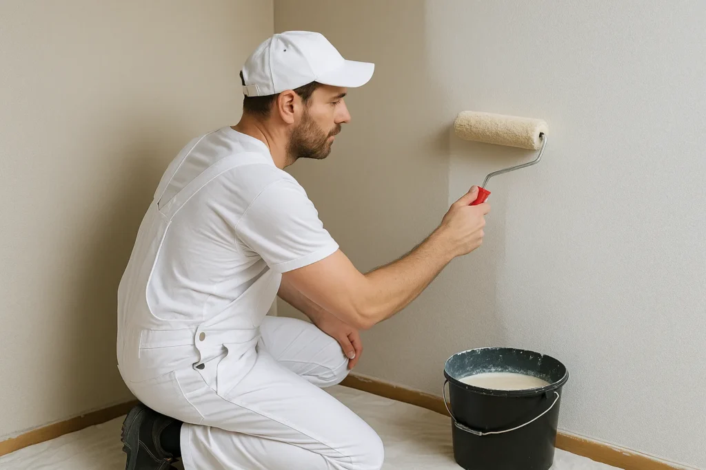 Schilder in witte overall en pet rolt een lichtbeige muur egaal op met een verfroller, zonder zichtbare strepen.