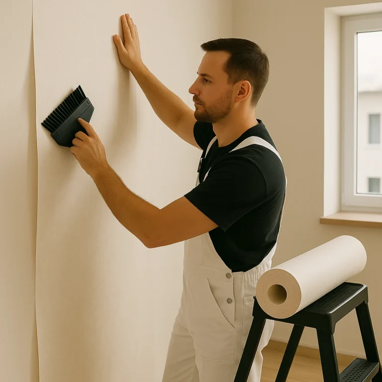 Behangspecialist brengt zorgvuldig een baan behang aan op een muur in een lichte kamer.