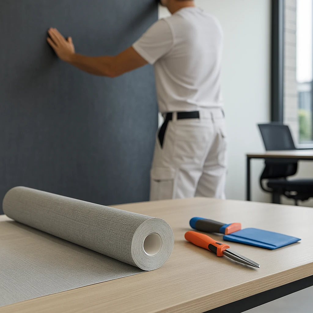 Behanger brengt grijs behang aan in een moderne kantoorruimte; rol behang en gereedschap op tafel op de voorgrond