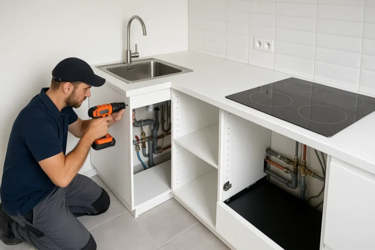 Loodgieter werkt aan afvoer onder spoelbak in strakke hoekkeuken met witte kasten