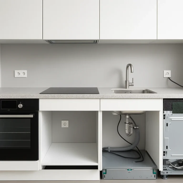 Moderne witte keuken met ingebouwde kookplaat, oven en zichtbare leidingen onder de gootsteen tijdens montage.