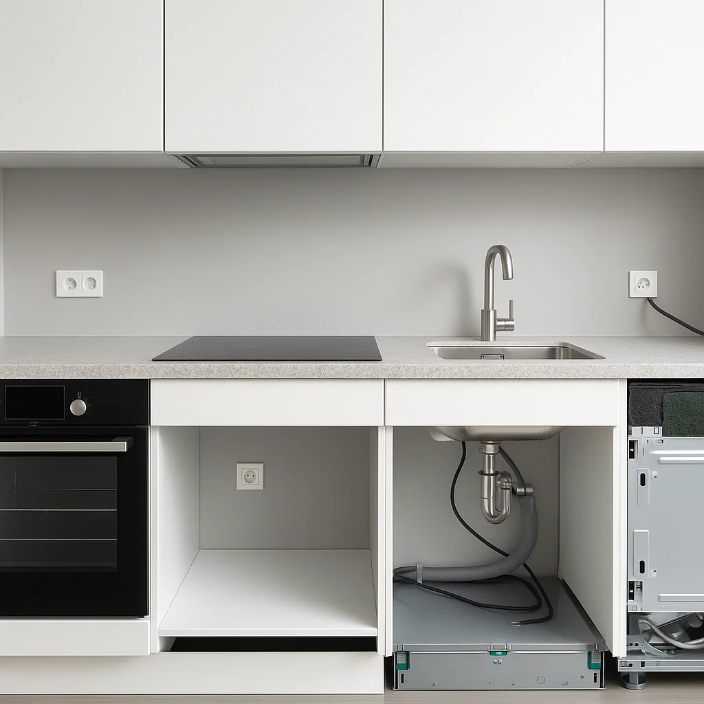 Moderne witte keuken met ingebouwde kookplaat, oven en zichtbare leidingen onder de gootsteen tijdens montage.