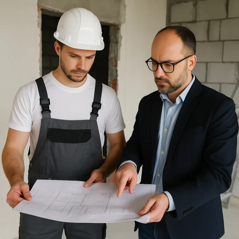 Aannemer en klant bespreken bouwtekeningen in een deels gerenoveerde ruimte.