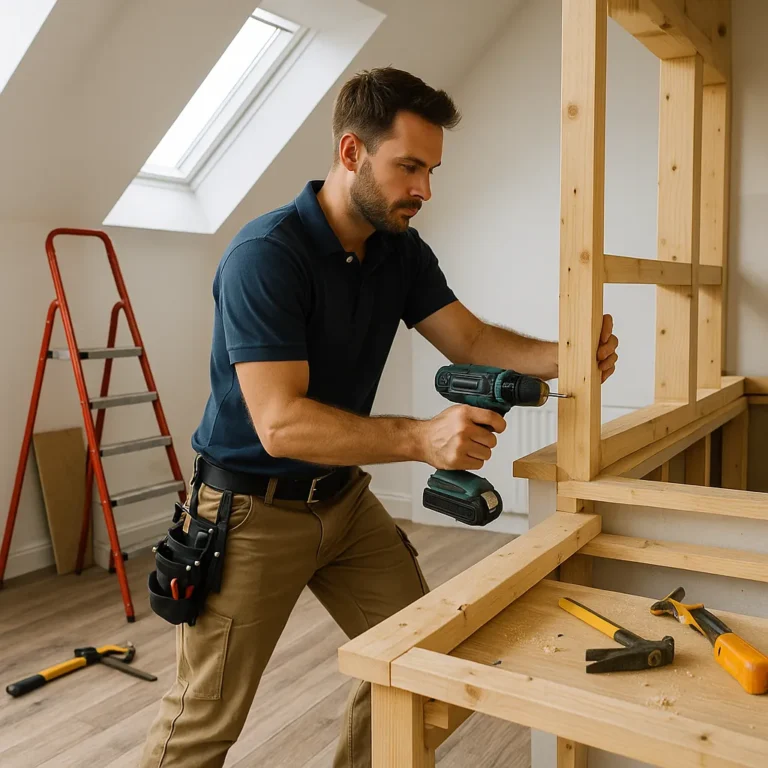 Klusser monteert witte kast met boormachine in modern gerenoveerde woning