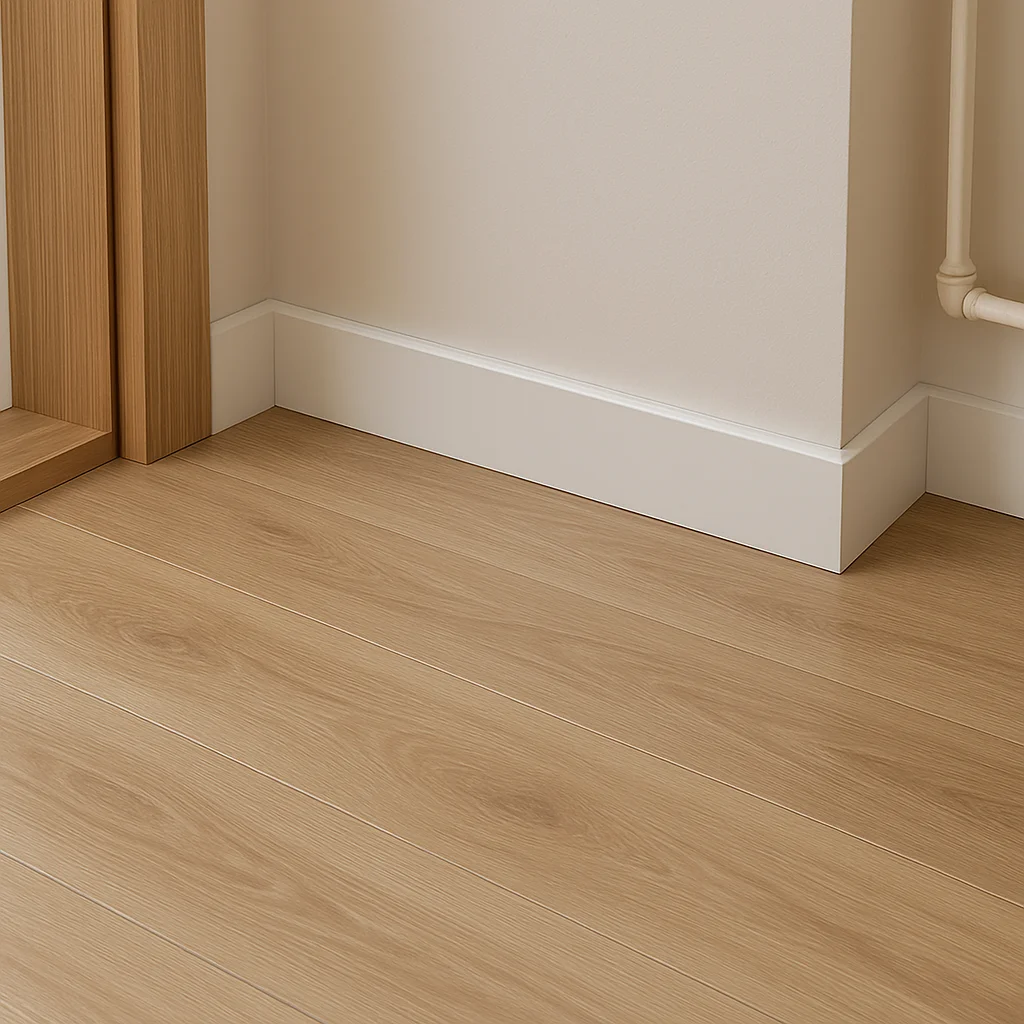 Moderne kamerhoek met licht eiken laminaatvloer en strakke witte plinten.