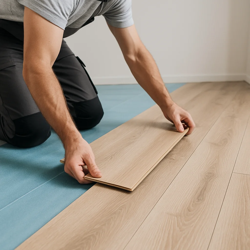 Vakman legt licht eiken laminaatvloer strak in een woonruimte
