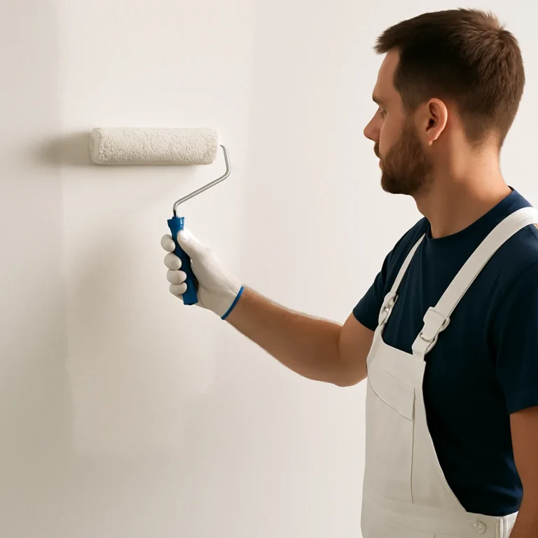 Schilder brengt witte verf aan met een roller op een binnenmuur.