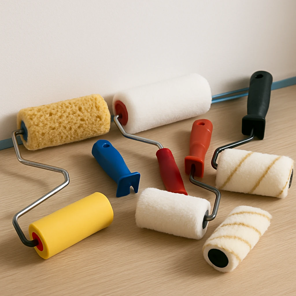 Vijf verschillende verfrollers met diverse structuren liggen op een houten oppervlak naast een witte muur.