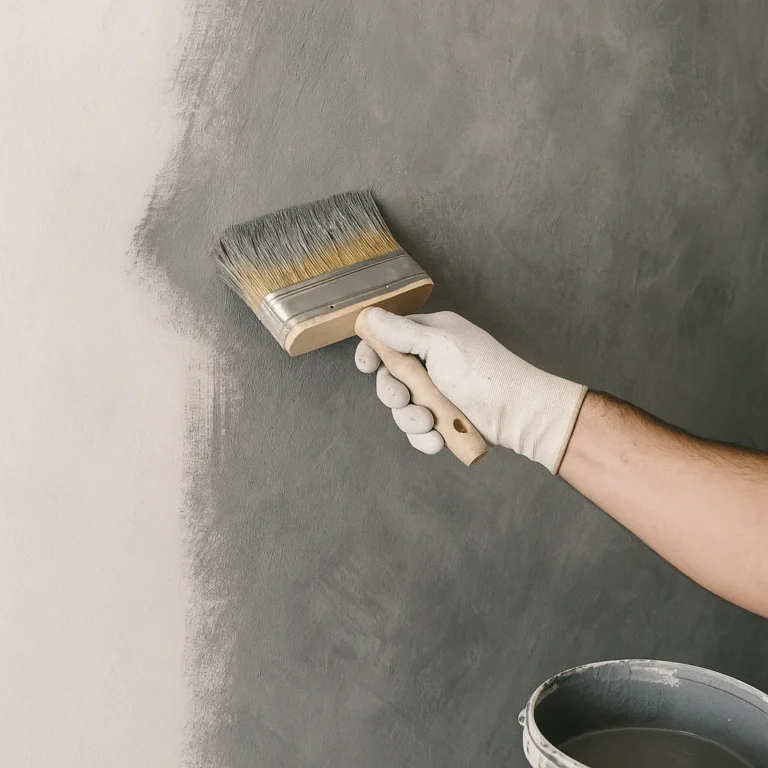 Schilder brengt verf aan met een brede kwast op een muur.
