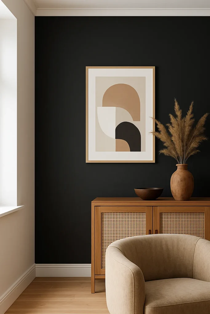 Stijlvolle woonkamer met een donkere accentmuur, lichte plinten en plafond, aangevuld met warme houten meubels en zachte verlichting.