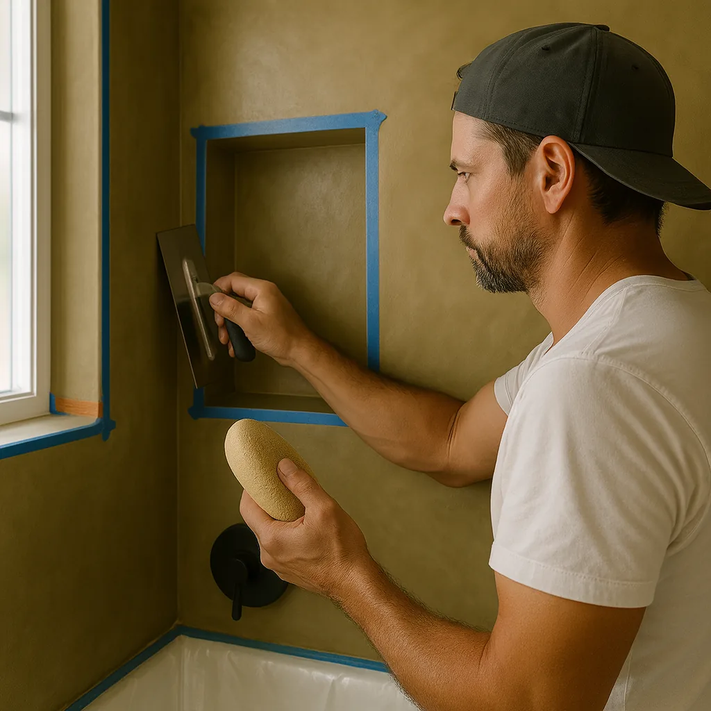 tadelakt-stukadoor polijst een douche-nis met steen; olijfgroene kalkpleister met subtiele glans, trowel en afplaktape zichtbaar.