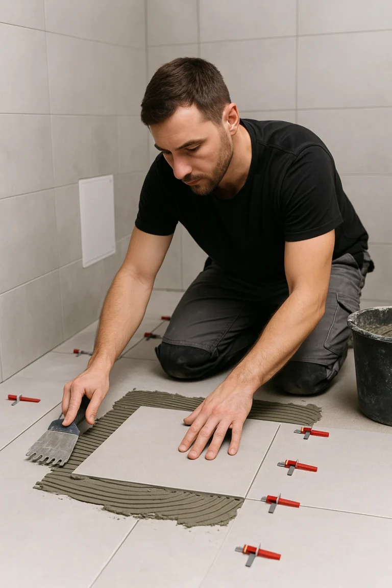Professionele tegelzetter plaatst keramische vloertegels met lijmkam en nivelleersysteem.