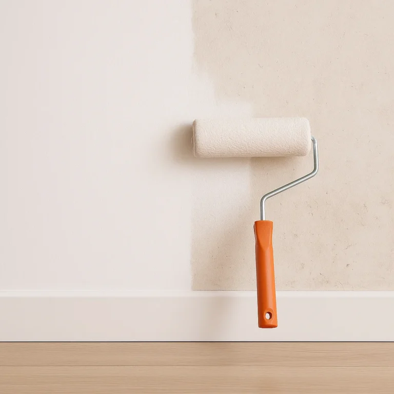 Primer wordt met een roller aangebracht op een ruwe wand als voorbereiding op stucwerk