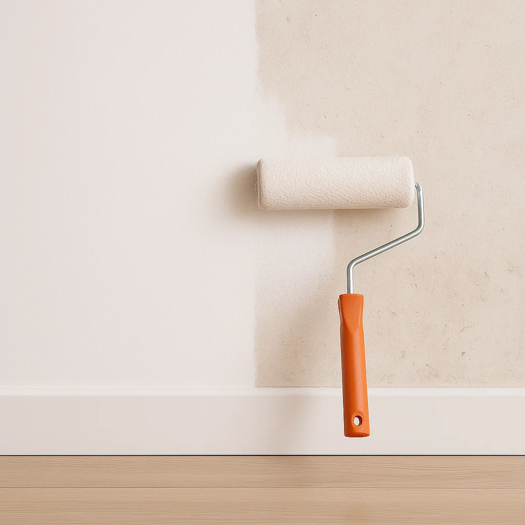 Primer wordt met een roller aangebracht op een ruwe wand als voorbereiding op stucwerk