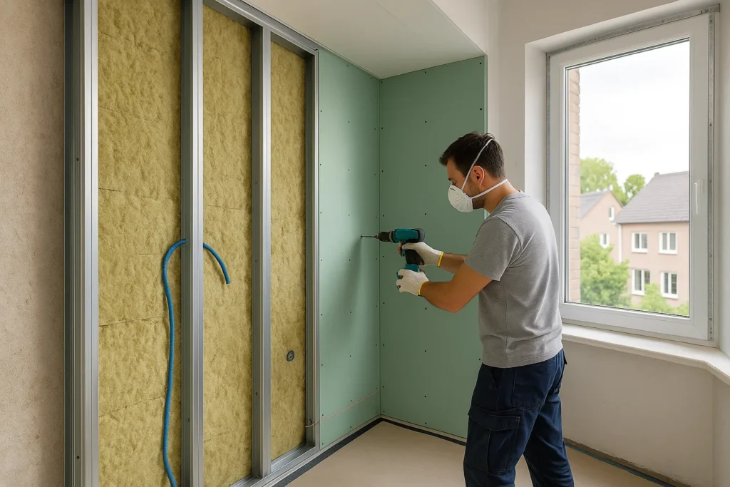 Vakman plaatst groene gipsplaten op metalen regelwerk met minerale wol in een hoekwoning; loze buis en laserlijn zichtbaar.
