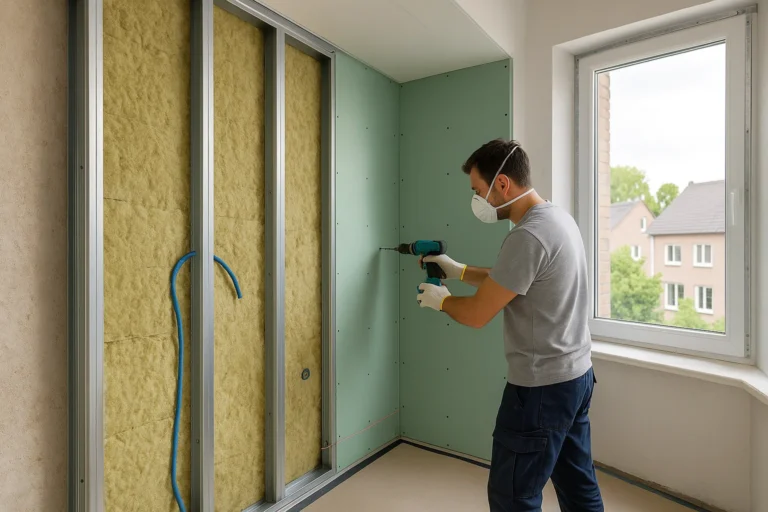 Vakman plaatst groene gipsplaten op metalen regelwerk met minerale wol in een hoekwoning; loze buis en laserlijn zichtbaar.