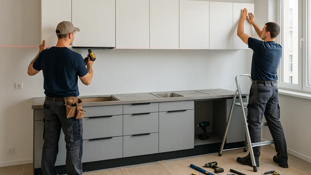 Keukenmontage: witte kastenwand met boven- en onderkasten netjes uitgelijnd