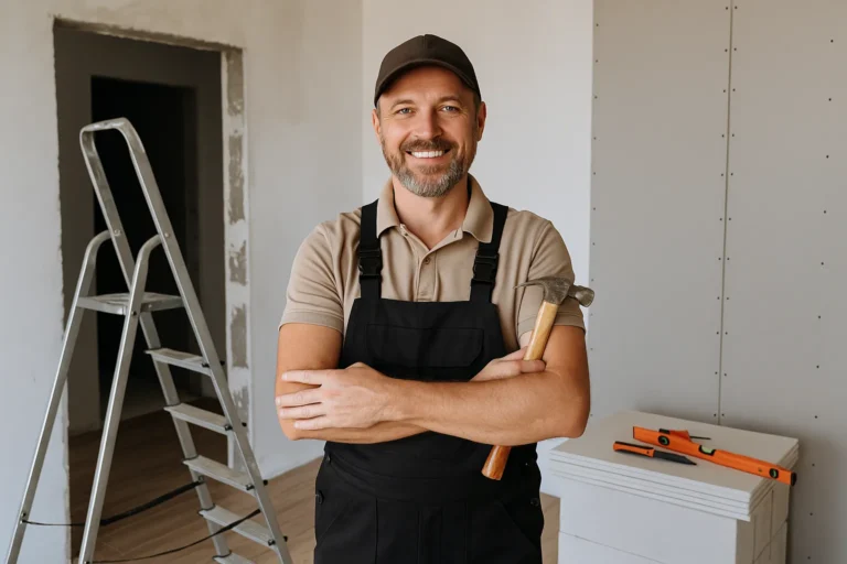 Klusjesman in verbouwing met gereedschap en ladder op de achtergrond