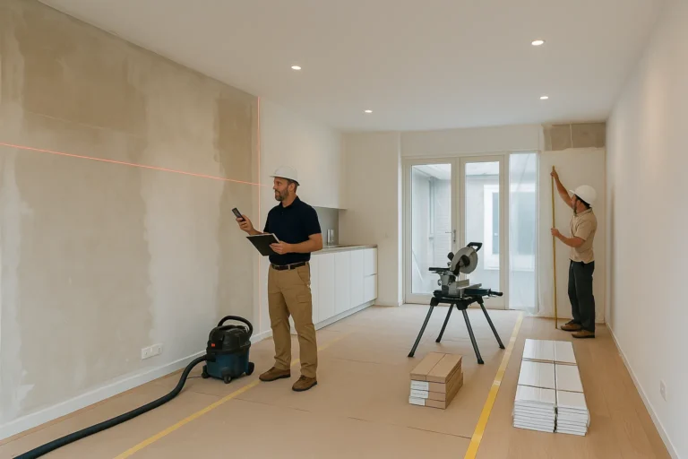 Renovatie door klusbedrijf Dordrecht: twee vakmensen meten met laser in lichte woonkeuken, stofwand en gereedschap zichtbaar.