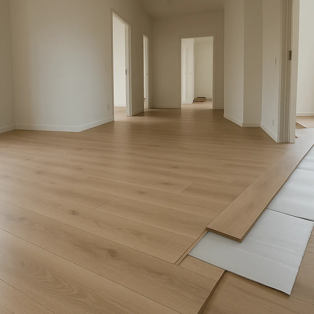 Laminaatvloer in aanleg door meerdere kamers met zichtbaar ondervloer