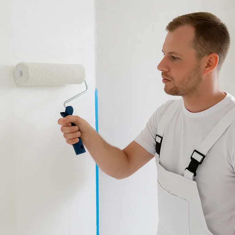 Man verft een witte muur met een roller; contrasterende strook laat verschil zien tussen geverfd en ongeverfd oppervlak.