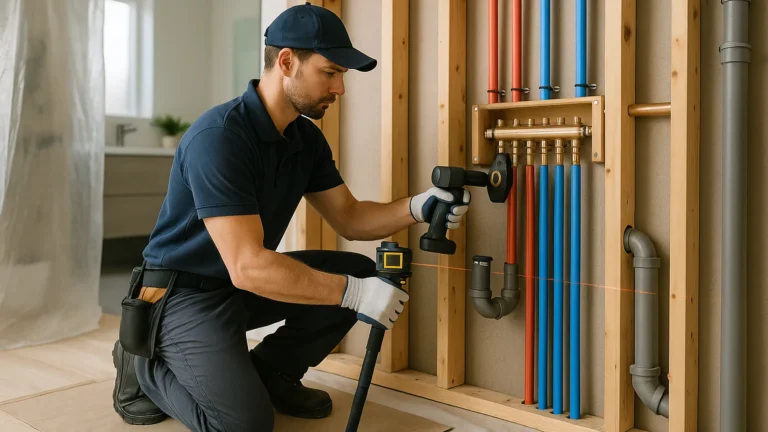 Schildersvakman test houtvocht en lakt een houten raamkozijn in volle zon; afplaktape en ladder zichtbaar.