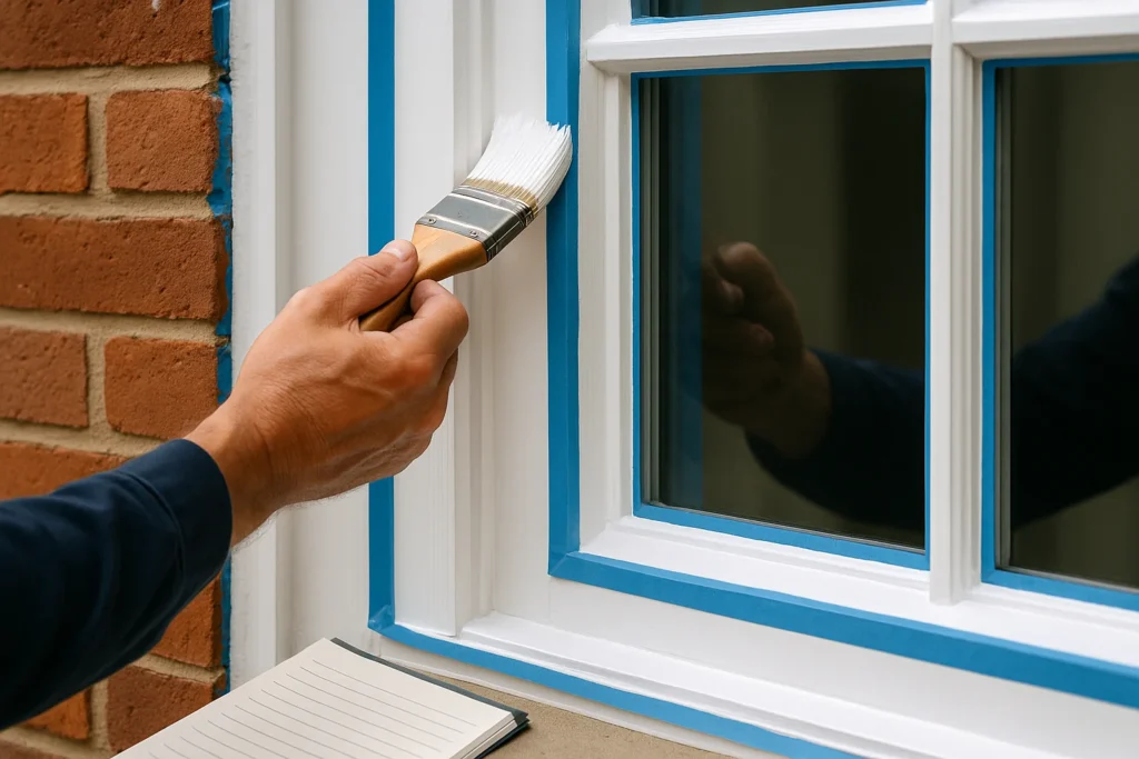 Schilder brengt zorgvuldig witte verf aan op een houten kozijn met schilderstape voor strakke lijnen