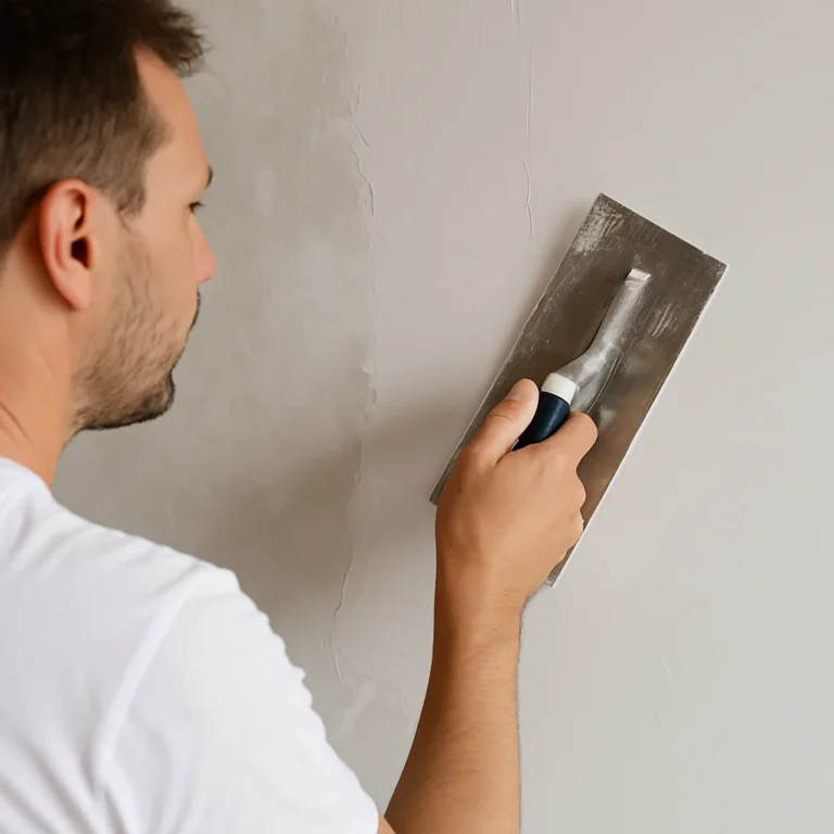 Stukadoor strijkt glad stucwerk op een muur met een troffel.