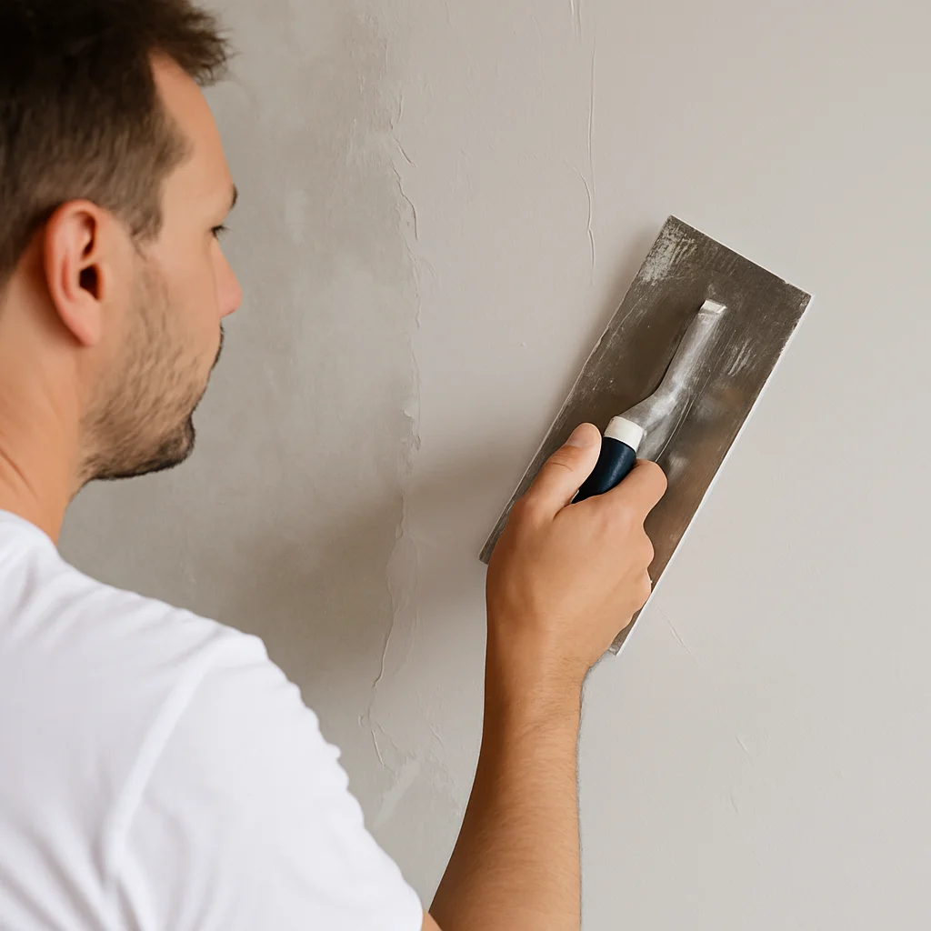 Stukadoor strijkt glad stucwerk op een muur met een troffel.