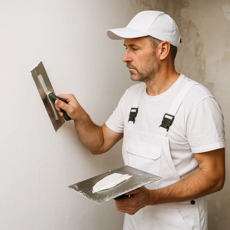 Stukadoor brengt zorgvuldig glad stucwerk aan op een muur met een spaan in witte werkoutfit.