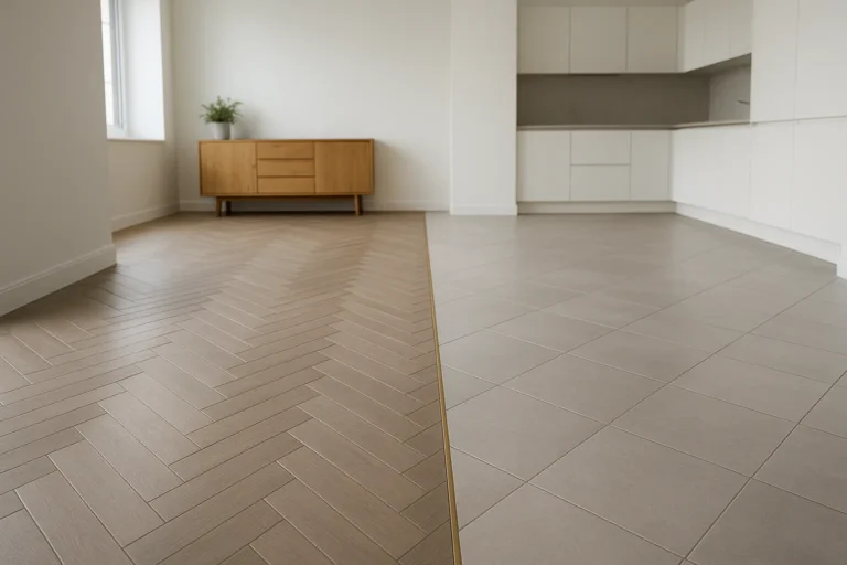 Visgraat en diagonaal gelegde vloertegels in een moderne open keuken, gescheiden door een messing profiel.