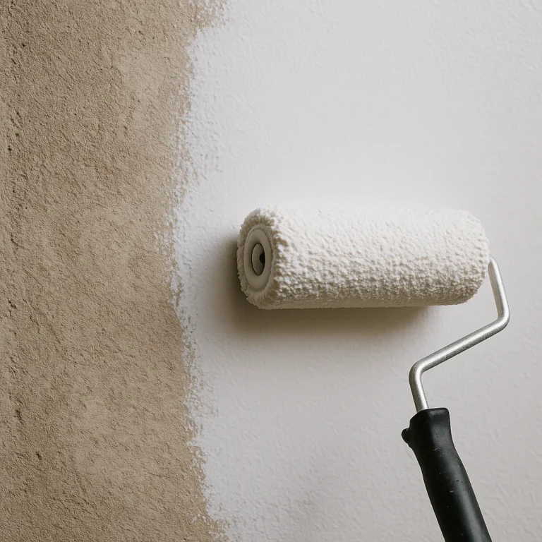 Close up van een verfroller die witte primer aanbrengt op een ruwe muur, waarbij de overgang zichtbaar is tussen de onbehandelde en de geprimerde ondergrond.