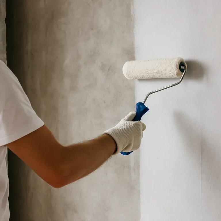Man brengt witte voorstrijk aan op betonnen muur met verfroller, helft van de muur is al behandeld