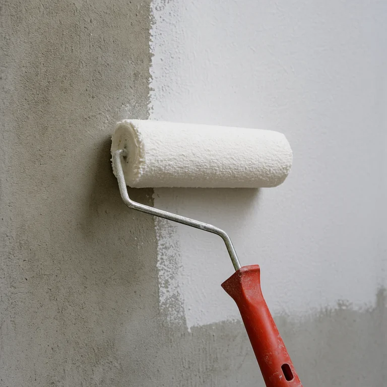 Verfroller brengt witte primer aan op grijze betonnen muur