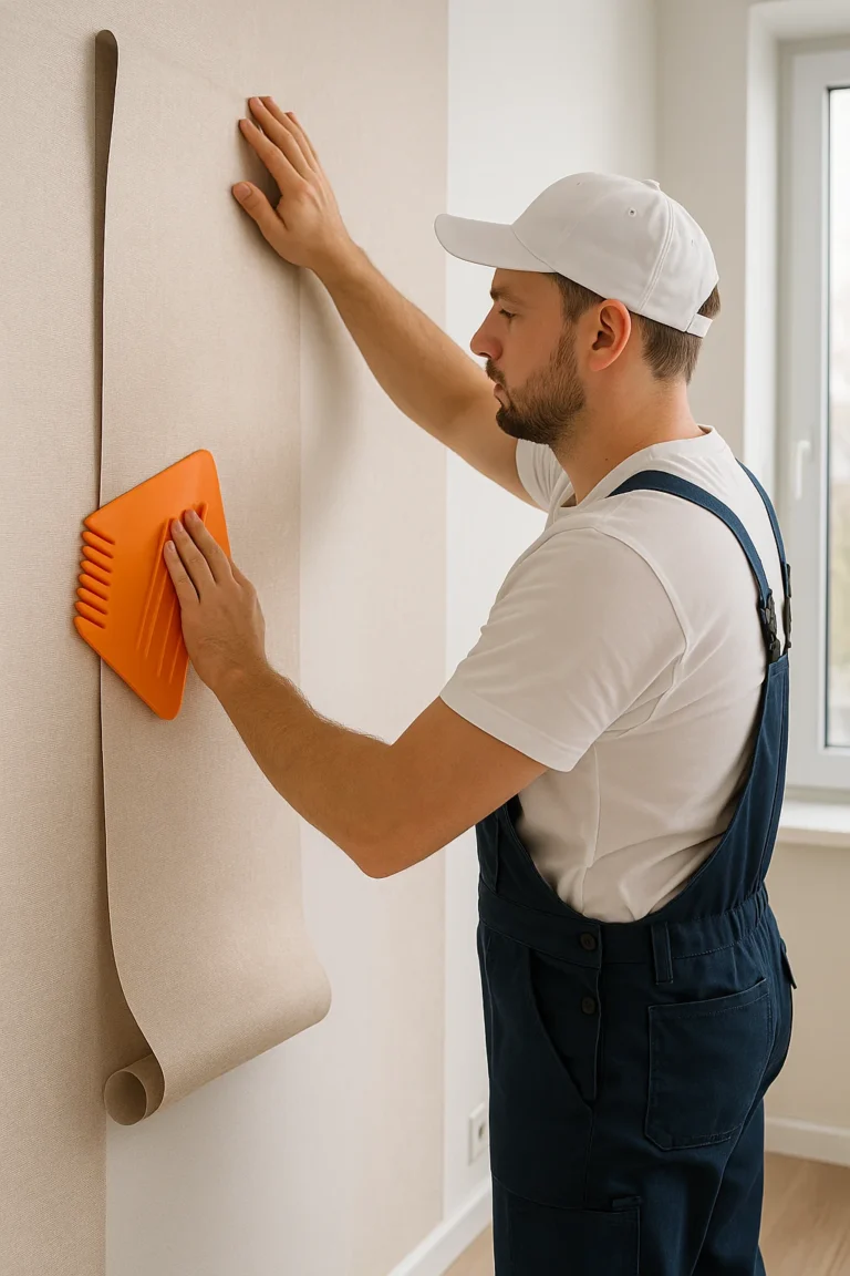 Professionele behanger brengt beige vliesbehang strak aan met een spatel in een lichte, moderne ruimte.