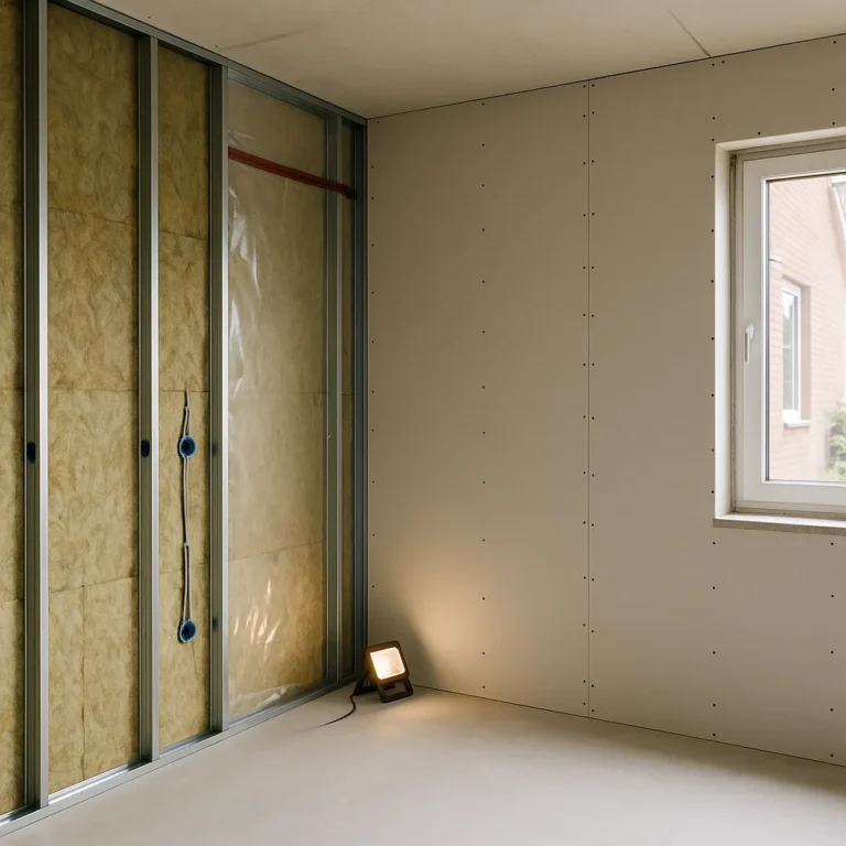 Voorzetwand met metal stud frame, isolatie en gipsplaten in een hoekwoning in aanbouw.