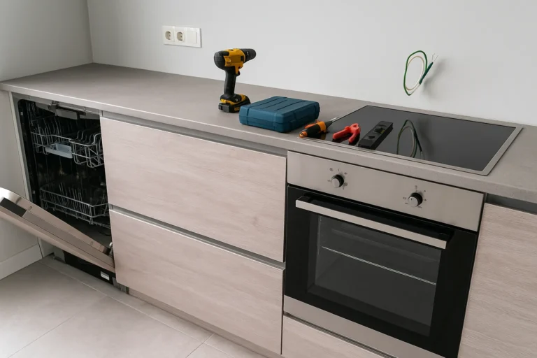 Installatie van moderne keuken met ingebouwde oven, kookplaat en vaatwasser